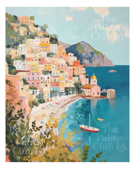 Colorful Positano Amalfi Coast art print with lemon trees and Mediterranean sea in a pastel impressionist painting style.