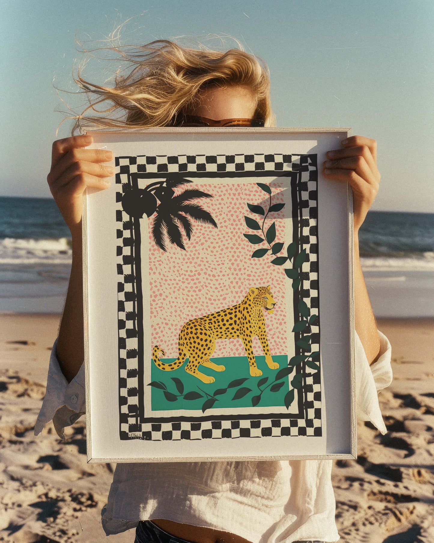 Leopard in Bloom Checkerboard Art Print