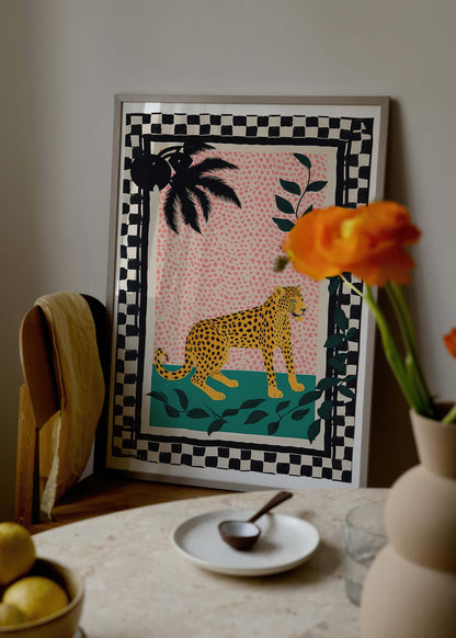 Leopard in Bloom Checkerboard Art Print