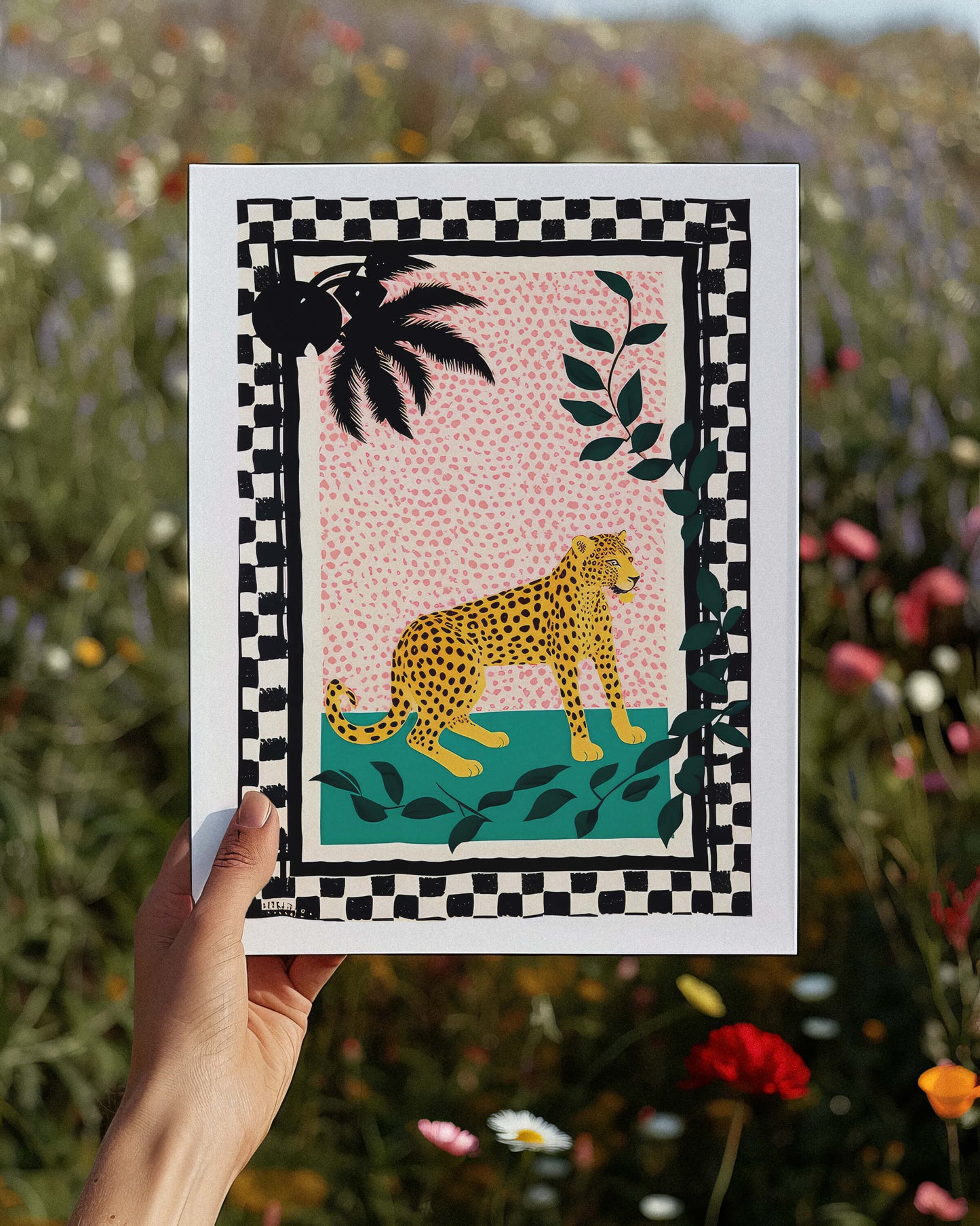 Leopard in Bloom Checkerboard Art Print