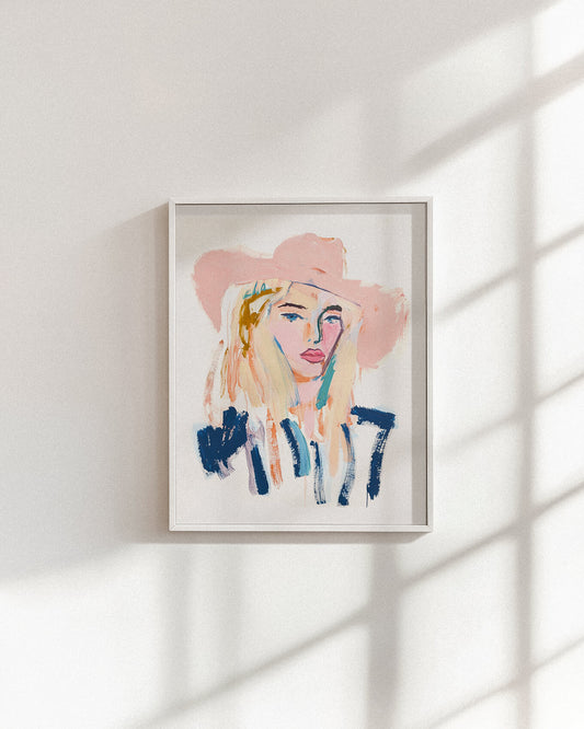 Abstract Cowgirl Portrait Art Print - Cowgirl in Blush