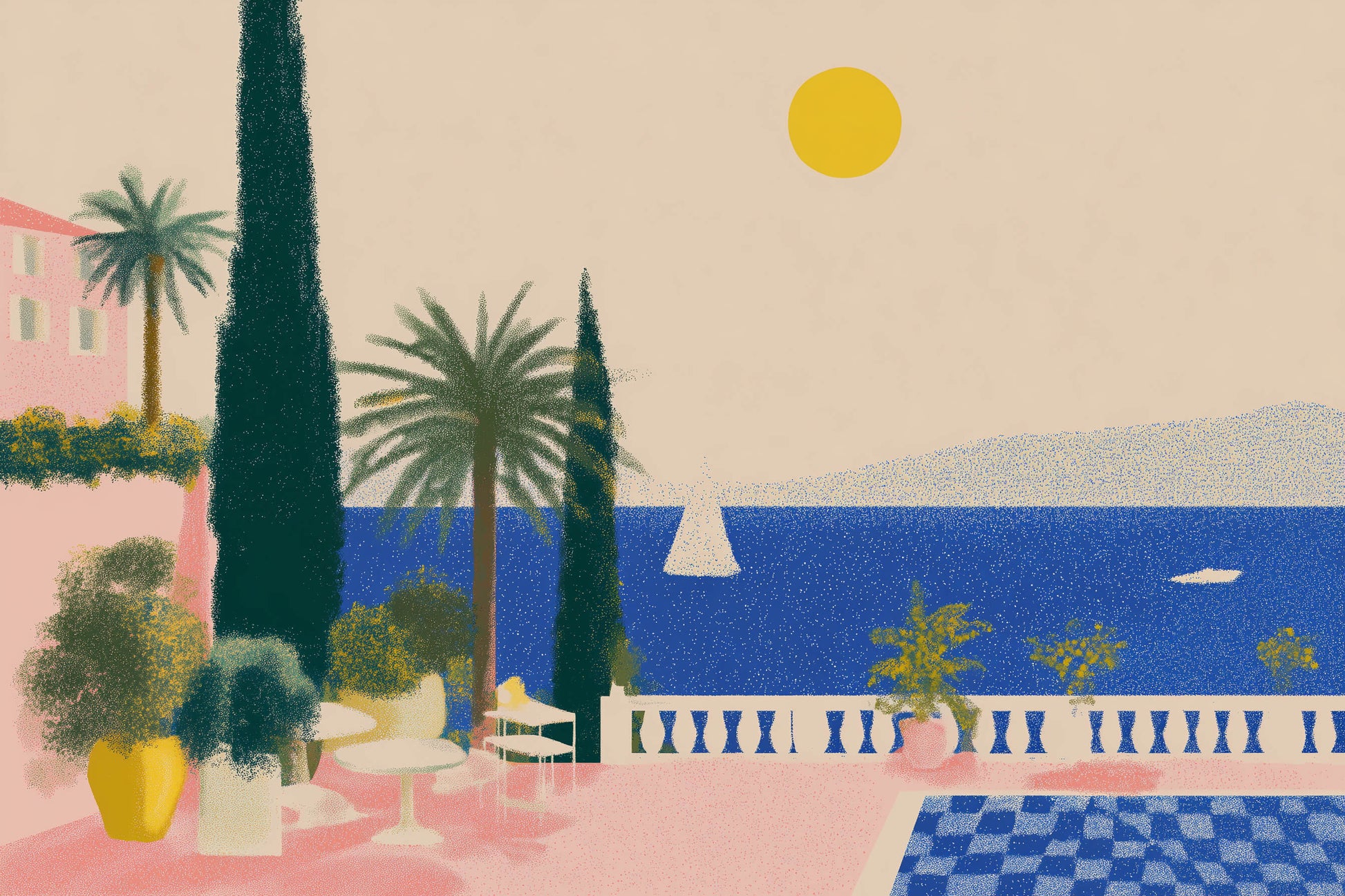 Decorative image of a coastal scene with palm trees, a sun, and a sailboat.