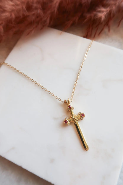 Ruby Sword Pendant Necklace - 18k Gold Over Stainless Steel