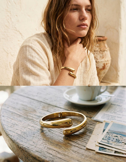 18K Gold Sculptural Open Cuff Bracelet – Waterproof 316L Stainless Steel