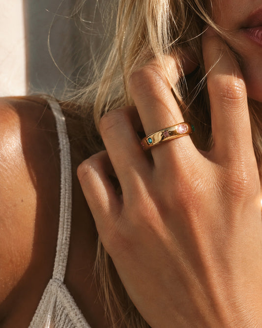 18K Gold Confetti Gemstone Band Ring – 316L Stainless Steel, Waterproof