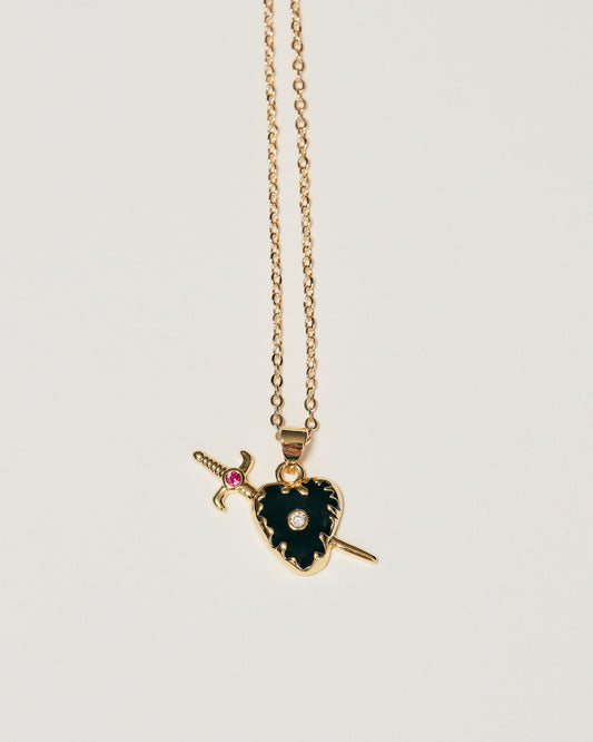 Obsidian Heart Sword Pendant Necklace - 18k Gold Over Stainless Steel