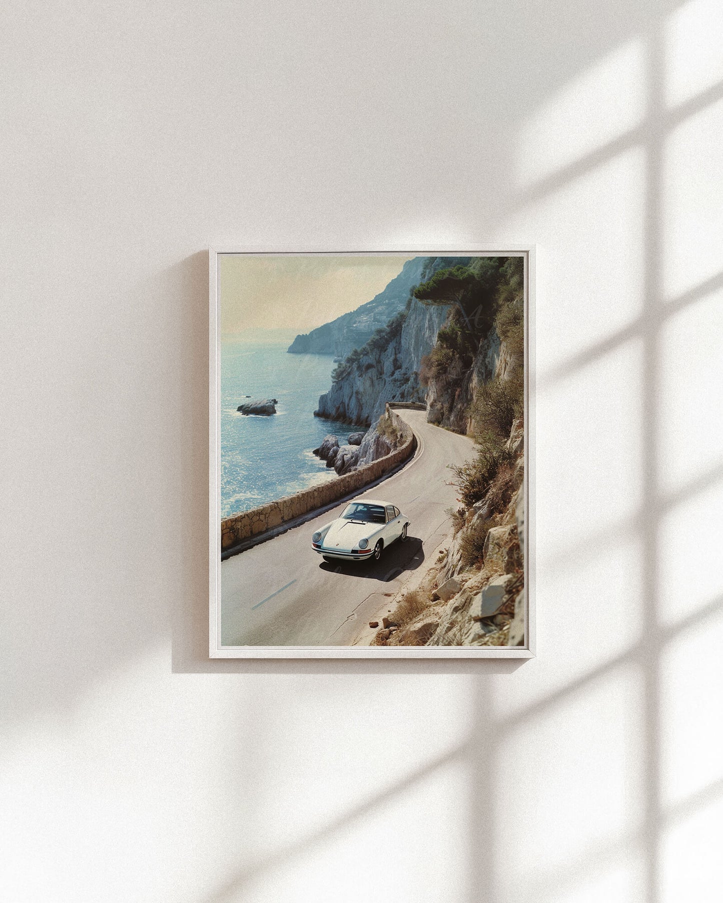 Vintage Porsche 911 Riviera Coastal Road Art Print | Classic Car Mediterranean Drive Photography
