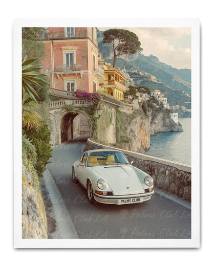 Amalfi Riviera Drive – Vintage Porsche & Italian Villa Art Print
