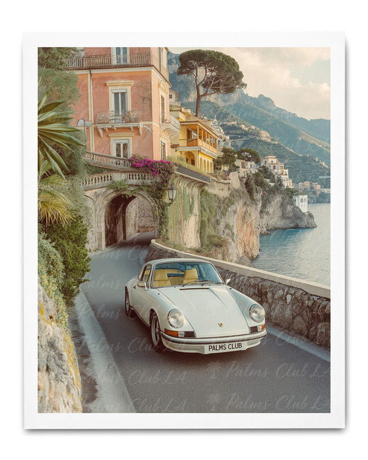 Amalfi Riviera Drive – Vintage Porsche & Italian Villa Art Print