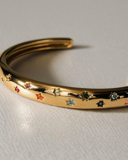 18K Gold Rainbow Crystal Cuff Bracelet | Adjustable, Waterproof & Hypoallergenic