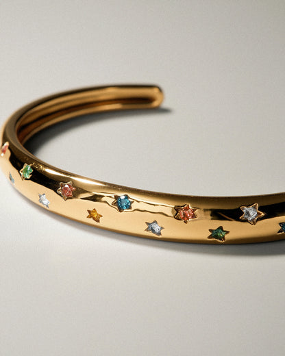 18K Gold Rainbow Crystal Cuff Bracelet | Adjustable, Waterproof & Hypoallergenic