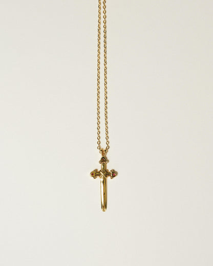 Ruby Sword Pendant Necklace - 18k Gold Over Stainless Steel