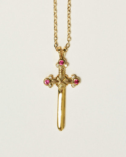 Ruby Sword Pendant Necklace - 18k Gold Over Stainless Steel