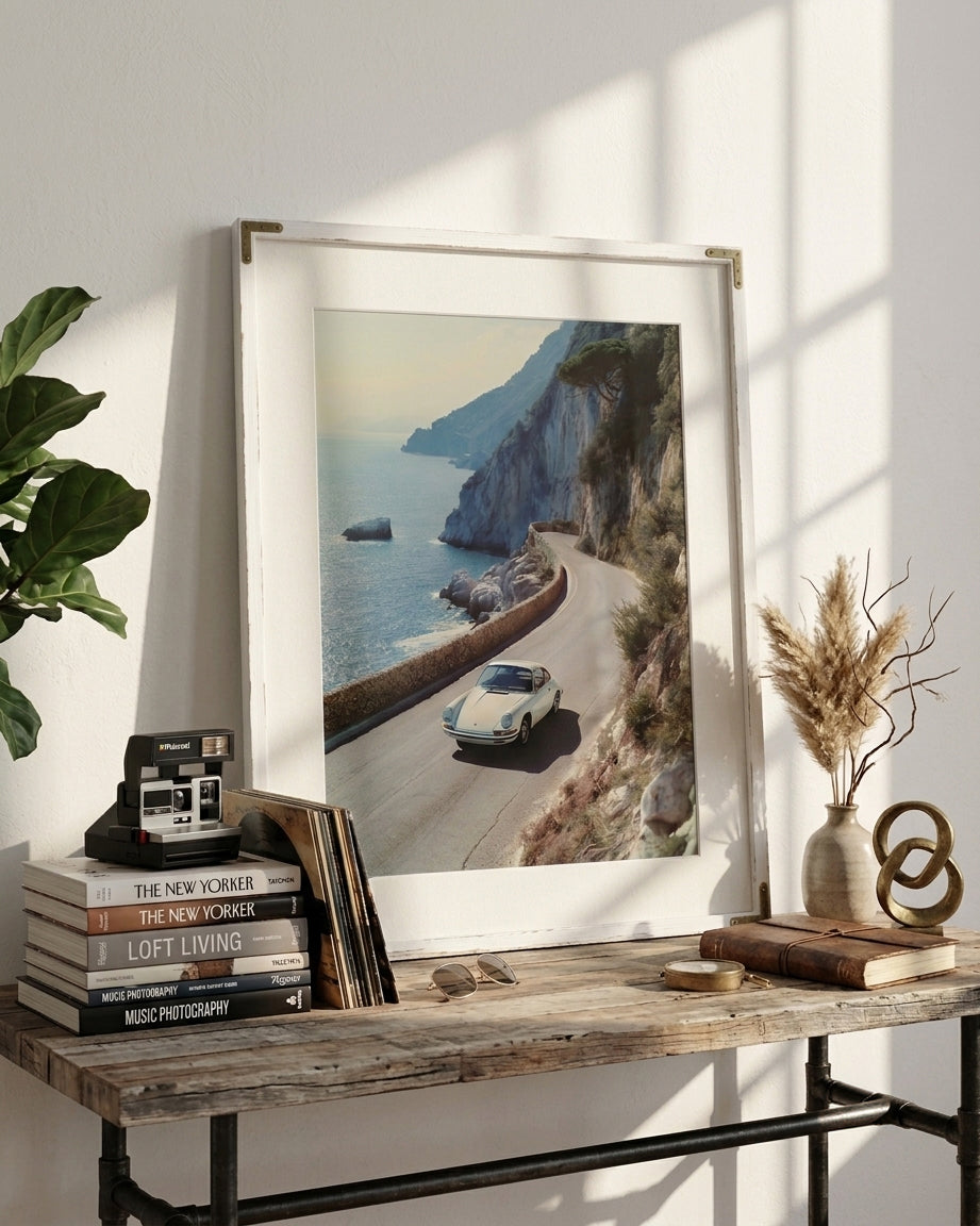 Vintage Porsche 911 Riviera Coastal Road Art Print | Classic Car Mediterranean Drive Photography