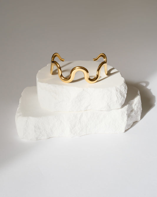 Gold Stainless Steel Wave Bracelet Cuff – Adjustable Arm Cuff Bangle