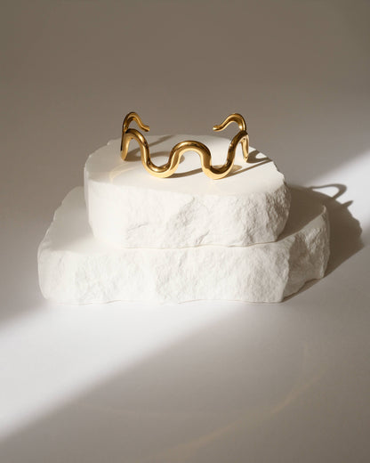 Gold Stainless Steel Wave Bracelet Cuff – Adjustable Arm Cuff Bangle