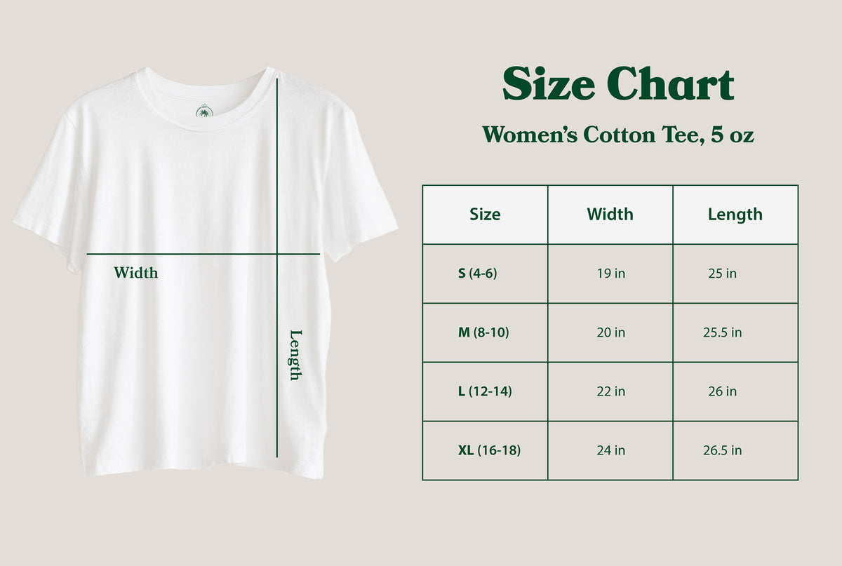 Size chart graphic for a women's cotton tee, 5 oz, showing a white short-sleeve shirt with green measurement lines indicating width and length, alongside a size table listing S through XL measurements on a light beige background.