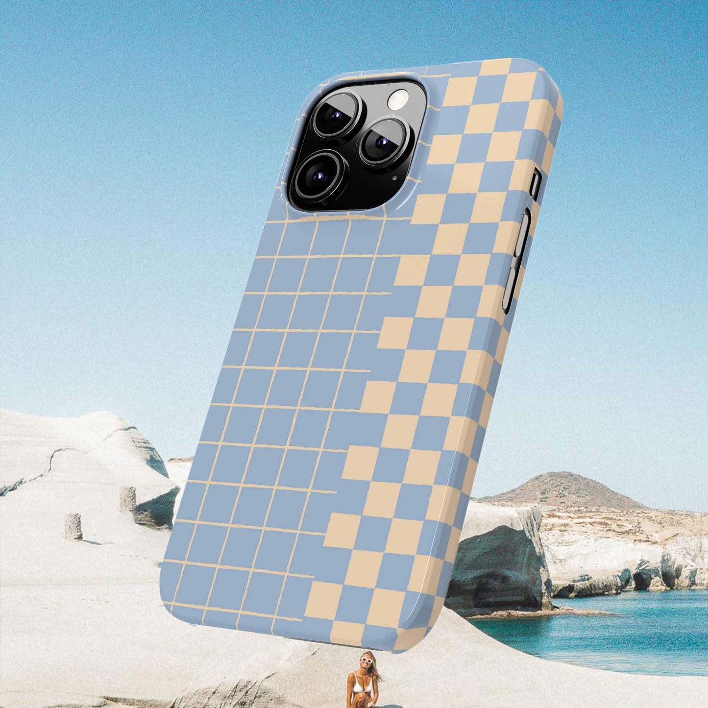 Retro Blue and Beige Checkerboard Grid iPhone Case