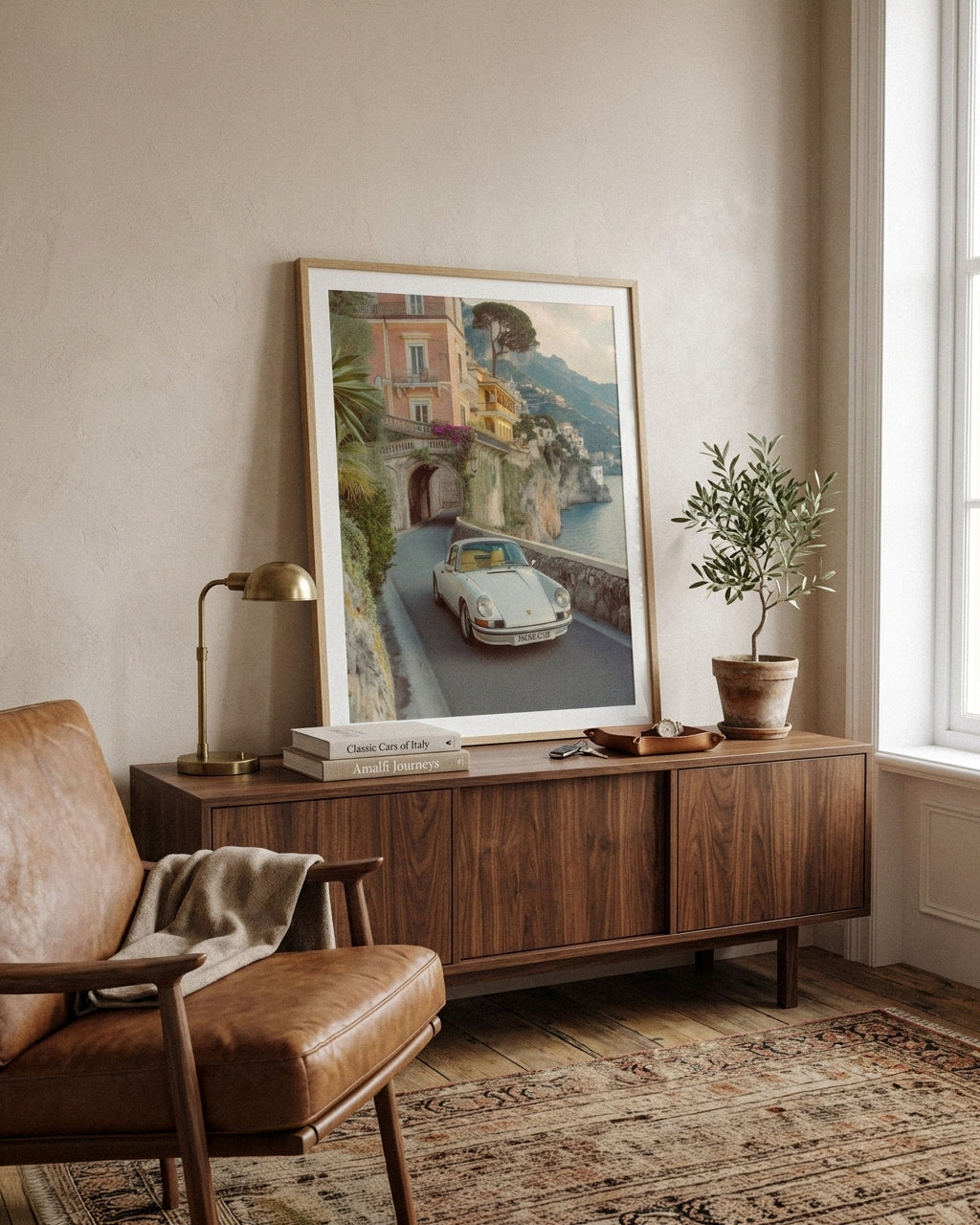 Amalfi Riviera Drive – Vintage Porsche & Italian Villa Art Print