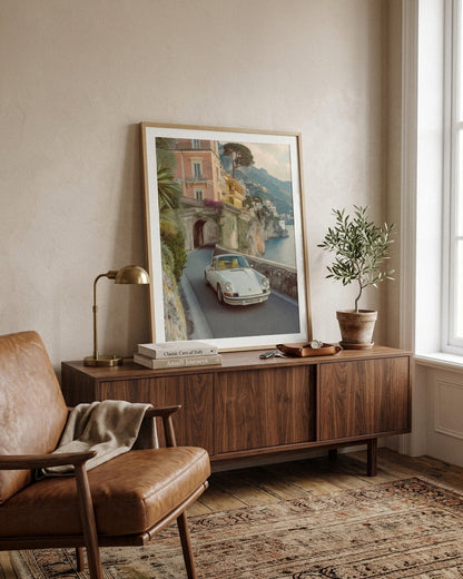 Amalfi Riviera Drive – Vintage Porsche & Italian Villa Art Print